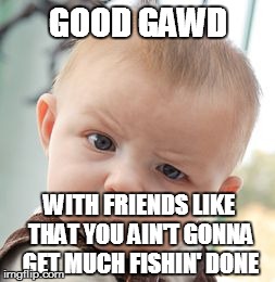 GOOD GAWD WITH FRIENDS LIKE THAT YOU AIN'T GONNA GET MUCH FISHIN' DONE | image tagged in memes,skeptical baby | made w/ Imgflip meme maker