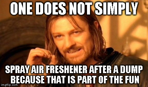 One Does Not Simply Meme | ONE DOES NOT SIMPLY SPRAY AIR FRESHENER AFTER A DUMP BECAUSE THAT IS PART OF THE FUN | image tagged in memes,one does not simply | made w/ Imgflip meme maker