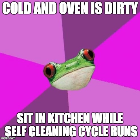 Foul Bachelorette Frog Meme | COLD AND OVEN IS DIRTY SIT IN KITCHEN WHILE SELF CLEANING CYCLE RUNS | image tagged in memes,foul bachelorette frog,TrollXChromosomes | made w/ Imgflip meme maker