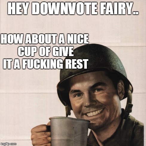 yeah... | HEY DOWNVOTE FAIRY.. HOW ABOUT A NICE CUP OF GIVE IT A F**KING REST | image tagged in ww2 | made w/ Imgflip meme maker