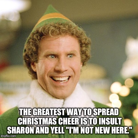 Good Guy Buddy | THE GREATEST WAY TO SPREAD CHRISTMAS CHEER IS TO INSULT SHARON AND YELL "I'M NOT NEW HERE." | image tagged in good guy buddy | made w/ Imgflip meme maker