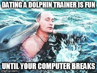 Putin Dolphins | DATING A DOLPHIN TRAINER IS FUN UNTIL YOUR COMPUTER BREAKS | image tagged in putin dolphins | made w/ Imgflip meme maker