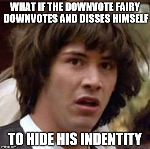 You Never Know | WHAT IF THE DOWNVOTE FAIRY DOWNVOTES AND DISSES HIMSELF TO HIDE HIS INDENTITY | image tagged in memes,conspiracy keanu | made w/ Imgflip meme maker