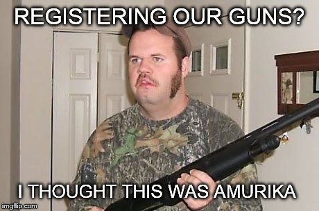 Deyz takin er gurns.  | REGISTERING OUR GUNS? I THOUGHT THIS WAS AMURIKA | image tagged in redneck wonder | made w/ Imgflip meme maker