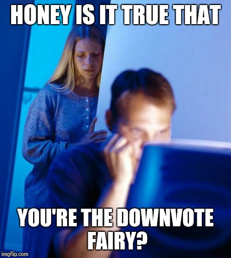 Redditor's Wife | HONEY IS IT TRUE THAT YOU'RE THE DOWNVOTE FAIRY? | image tagged in memes,redditors wife | made w/ Imgflip meme maker