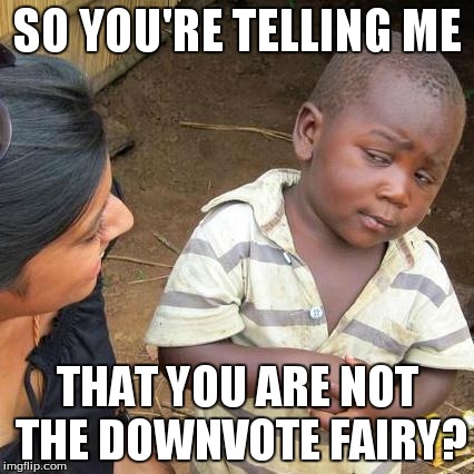 Third World Skeptical Kid Meme | SO YOU'RE TELLING ME THAT YOU ARE NOT THE DOWNVOTE FAIRY? | image tagged in memes,third world skeptical kid | made w/ Imgflip meme maker