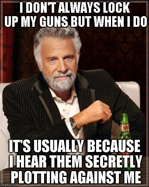 The Most Interesting Man In The World Meme | I DON'T ALWAYS LOCK UP MY GUNS BUT WHEN I DO IT'S USUALLY BECAUSE I HEAR THEM SECRETLY PLOTTING AGAINST ME | image tagged in memes,the most interesting man in the world | made w/ Imgflip meme maker