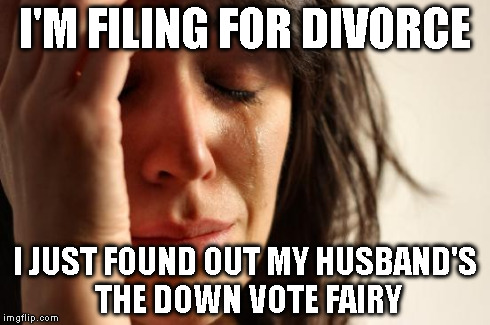 First World Problems Meme | I'M FILING FOR DIVORCE I JUST FOUND OUT MY HUSBAND'S THE DOWN VOTE FAIRY | image tagged in memes,first world problems | made w/ Imgflip meme maker