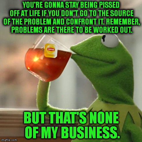 But That's None Of My Business Meme | YOU'RE GONNA STAY BEING PISSED OFF AT LIFE IF YOU DON'T GO TO THE SOURCE OF THE PROBLEM AND CONFRONT IT. REMEMBER, PROBLEMS ARE THERE TO BE  | image tagged in memes,but thats none of my business,kermit the frog | made w/ Imgflip meme maker