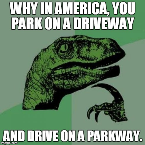 Philosoraptor | WHY IN AMERICA, YOU PARK ON A DRIVEWAY AND DRIVE ON A PARKWAY. | image tagged in memes,philosoraptor | made w/ Imgflip meme maker