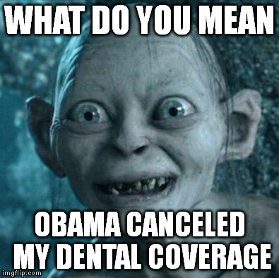 Gollum | WHAT DO YOU MEAN OBAMA CANCELED MY DENTAL COVERAGE | image tagged in memes,gollum | made w/ Imgflip meme maker