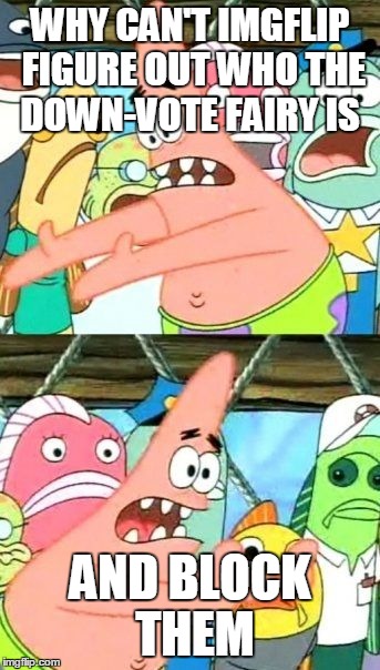Put It Somewhere Else Patrick | WHY CAN'T IMGFLIP FIGURE OUT WHO THE DOWN-VOTE FAIRY IS AND BLOCK THEM | image tagged in memes,put it somewhere else patrick | made w/ Imgflip meme maker