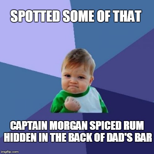 Success Kid Meme | SPOTTED SOME OF THAT CAPTAIN MORGAN SPICED RUM HIDDEN IN THE BACK OF DAD'S BAR | image tagged in memes,success kid | made w/ Imgflip meme maker