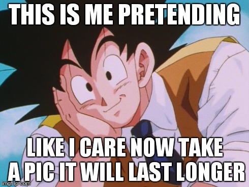 Condescending Goku Meme | THIS IS ME PRETENDING LIKE I CARE NOW TAKE A PIC IT WILL LAST LONGER | image tagged in memes,condescending goku | made w/ Imgflip meme maker