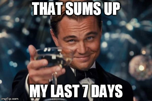 Leonardo Dicaprio Cheers Meme | THAT SUMS UP MY LAST 7 DAYS | image tagged in memes,leonardo dicaprio cheers | made w/ Imgflip meme maker