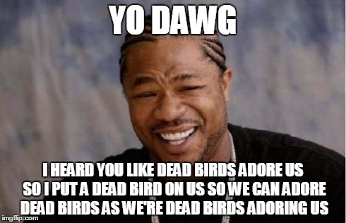 Yo Dawg Heard You | YO DAWG I HEARD YOU LIKE DEAD BIRDS ADORE US SO I PUT A DEAD BIRD ON US SO WE CAN ADORE DEAD BIRDS AS WE'RE DEAD BIRDS ADORING US | image tagged in memes,yo dawg heard you | made w/ Imgflip meme maker