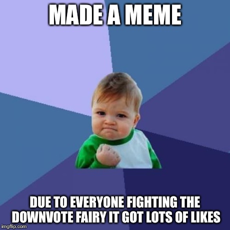 There was still 3 dislikes | MADE A MEME DUE TO EVERYONE FIGHTING THE DOWNVOTE FAIRY IT GOT LOTS OF LIKES | image tagged in memes,success kid | made w/ Imgflip meme maker