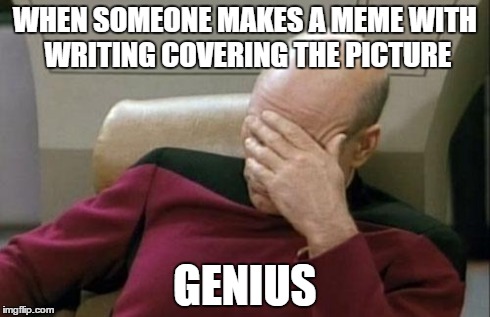 Captain Picard Facepalm | WHEN SOMEONE MAKES A MEME WITH WRITING COVERING THE PICTURE GENIUS | image tagged in memes,captain picard facepalm | made w/ Imgflip meme maker