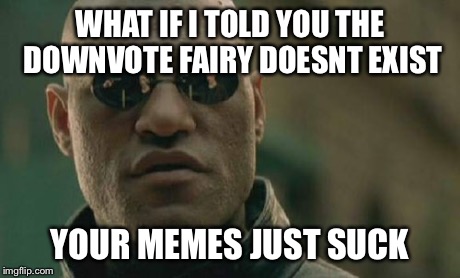 Matrix Morpheus | WHAT IF I TOLD YOU THE DOWNVOTE FAIRY DOESNT EXIST YOUR MEMES JUST SUCK | image tagged in memes,matrix morpheus | made w/ Imgflip meme maker