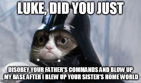 Grumpy Cat Star Wars | LUKE, DID YOU JUST DISOBEY YOUR FATHER'S COMMANDS AND BLOW UP MY BASE AFTER I BLEW UP YOUR SISTER'S HOME WORLD | image tagged in memes,grumpy cat star wars,grumpy cat | made w/ Imgflip meme maker