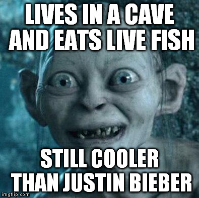 Excited Gollum | LIVES IN A CAVE AND EATS LIVE FISH STILL COOLER THAN JUSTIN BIEBER | image tagged in excited gollum | made w/ Imgflip meme maker