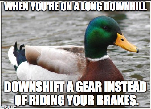 Actual Advice Mallard Meme | WHEN YOU'RE ON A LONG DOWNHILL DOWNSHIFT A GEAR INSTEAD OF RIDING YOUR BRAKES. | image tagged in memes,actual advice mallard,AdviceAnimals | made w/ Imgflip meme maker