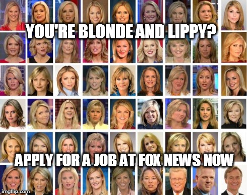 FOX BLONDES | YOU'RE BLONDE AND LIPPY? APPLY FOR A JOB AT FOX NEWS NOW | image tagged in fox blondes | made w/ Imgflip meme maker