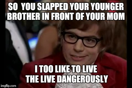 I Too Like To Live Dangerously | SO  YOU SLAPPED YOUR YOUNGER BROTHER IN FRONT OF YOUR MOM I TOO LIKE TO LIVE THE LIVE DANGEROUSLY | image tagged in memes,i too like to live dangerously | made w/ Imgflip meme maker