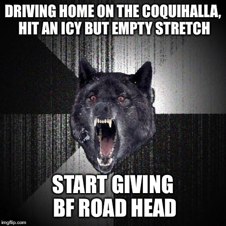 Insanity Wolf Meme | DRIVING HOME ON THE COQUIHALLA, HIT AN ICY BUT EMPTY STRETCH START GIVING BF ROAD HEAD | image tagged in memes,insanity wolf | made w/ Imgflip meme maker