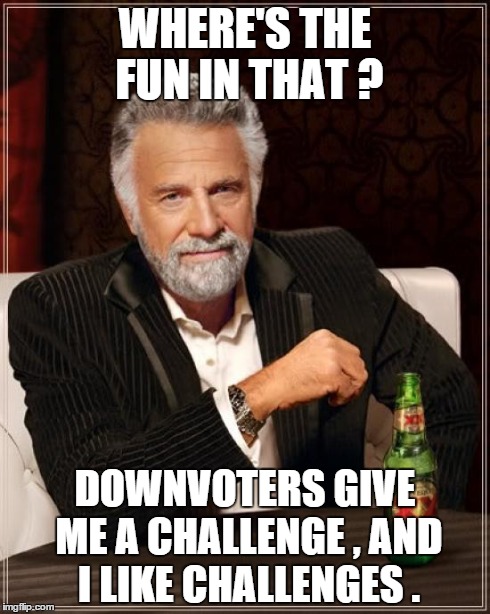 The Most Interesting Man In The World Meme | WHERE'S THE FUN IN THAT ? DOWNVOTERS GIVE ME A CHALLENGE , AND I LIKE CHALLENGES . | image tagged in memes,the most interesting man in the world | made w/ Imgflip meme maker
