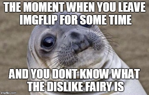 Awkward Moment Sealion | THE MOMENT WHEN YOU LEAVE IMGFLIP FOR SOME TIME AND YOU DONT KNOW WHAT THE DISLIKE FAIRY IS | image tagged in memes,awkward moment sealion | made w/ Imgflip meme maker