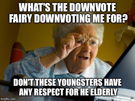 Grandma Finds The Internet | WHAT'S THE DOWNVOTE FAIRY DOWNVOTING ME FOR? DON'T THESE YOUNGSTERS HAVE ANY RESPECT FOR HE ELDERLY | image tagged in memes,grandma finds the internet | made w/ Imgflip meme maker