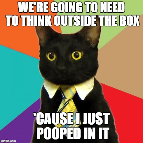 Business Cat | WE'RE GOING TO NEED TO THINK OUTSIDE THE BOX 'CAUSE I JUST POOPED IN IT | image tagged in memes,business cat,funny,lolz,cats,poop | made w/ Imgflip meme maker