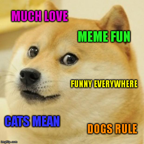 Doge Meme | MUCH LOVE MEME FUN FUNNY EVERYWHERE CATS MEAN DOGS RULE | image tagged in memes,doge | made w/ Imgflip meme maker