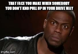Kevin Hart | THAT FACE YOU MAKE WHEN SOMEBODY YOU DON'T KNO PULL UP IN YOUR DRIVE WAY | image tagged in memes,kevin hart the hell | made w/ Imgflip meme maker