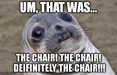 I think this has happened to just about everyone. | UM, THAT WAS... THE CHAIR! THE CHAIR! DEIFINITELY THE CHAIR!!! | image tagged in memes,awkward moment sealion | made w/ Imgflip meme maker