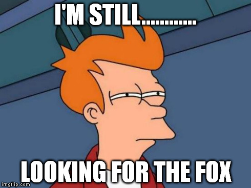 Futurama Fry Meme | I'M STILL............ LOOKING FOR THE FOX | image tagged in memes,futurama fry | made w/ Imgflip meme maker