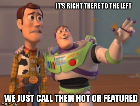 X, X Everywhere Meme | IT'S RIGHT THERE TO THE LEFT WE JUST CALL THEM HOT OR FEATURED | image tagged in memes,x x everywhere | made w/ Imgflip meme maker