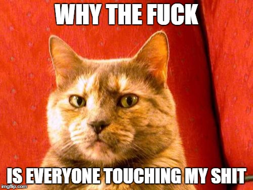 Suspicious Cat Meme | WHY THE F**K IS EVERYONE TOUCHING MY SHIT | image tagged in memes,suspicious cat | made w/ Imgflip meme maker