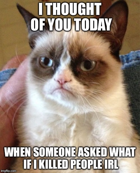 Grumpy Cat Meme | I THOUGHT OF YOU TODAY WHEN SOMEONE ASKED WHAT IF I KILLED PEOPLE IRL | image tagged in memes,grumpy cat | made w/ Imgflip meme maker