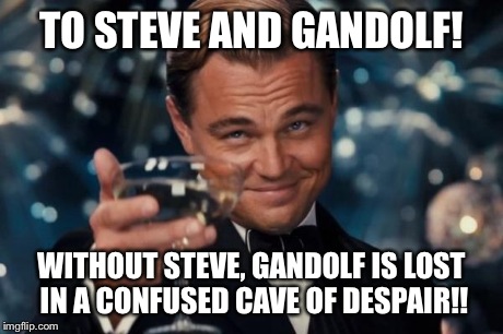 Leonardo Dicaprio Cheers | TO STEVE AND GANDOLF! WITHOUT STEVE, GANDOLF IS LOST IN A CONFUSED CAVE OF DESPAIR!! | image tagged in memes,leonardo dicaprio cheers | made w/ Imgflip meme maker