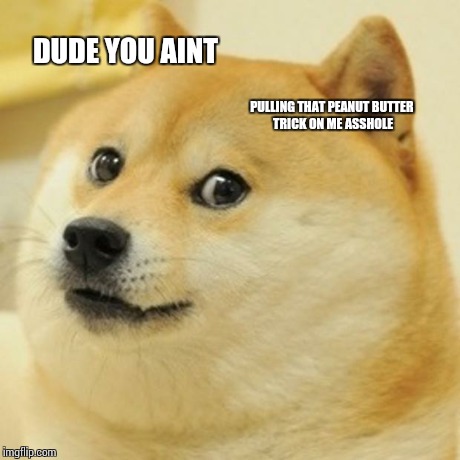 Doge Meme | DUDE YOU AINT PULLING THAT PEANUT BUTTER TRICK ON ME ASSHOLE | image tagged in memes,doge | made w/ Imgflip meme maker
