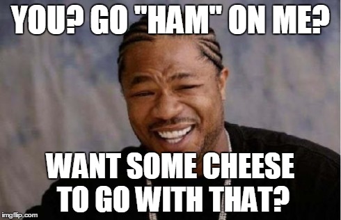 My roommate and I got in a fight, and she said "Imma bout' to go ham on you". So I replied... | YOU? GO "HAM" ON ME? WANT SOME CHEESE TO GO WITH THAT? | image tagged in memes,yo dawg heard you | made w/ Imgflip meme maker