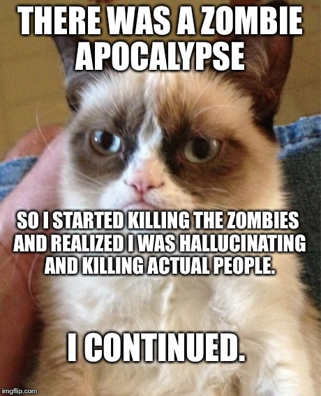 zombie apocalypse | THERE WAS A ZOMBIE APOCALYPSE SO I STARTED KILLING THE ZOMBIES AND REALIZED I WAS HALLUCINATING AND KILLING ACTUAL PEOPLE. I CONTINUED. | image tagged in memes,grumpy cat | made w/ Imgflip meme maker