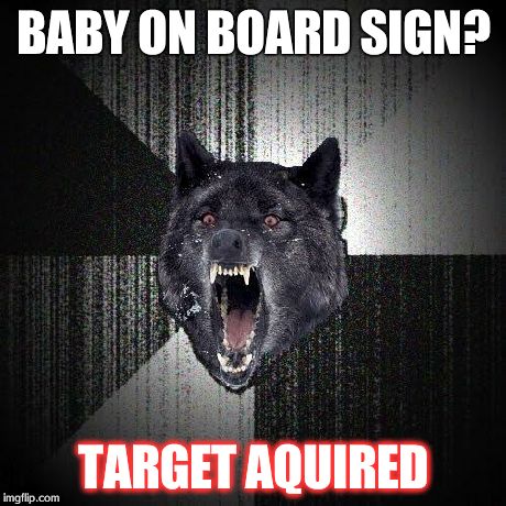 Insanity Wolf Meme | BABY ON BOARD SIGN? TARGET AQUIRED | image tagged in memes,insanity wolf | made w/ Imgflip meme maker