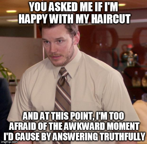 Whenever the barber holds up the mirror behind my head | YOU ASKED ME IF I'M HAPPY WITH MY HAIRCUT AND AT THIS POINT, I'M TOO AFRAID OF THE AWKWARD MOMENT I'D CAUSE BY ANSWERING TRUTHFULLY | image tagged in memes,afraid to ask andy | made w/ Imgflip meme maker