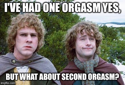 Second Breakfast | I'VE HAD ONE ORGASM YES, BUT WHAT ABOUT SECOND ORGASM? | image tagged in second breakfast,TrollXChromosomes | made w/ Imgflip meme maker