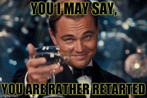 Leonardo Dicaprio Cheers Meme | YOU I MAY SAY, YOU ARE RATHER RETARTED | image tagged in memes,leonardo dicaprio cheers | made w/ Imgflip meme maker