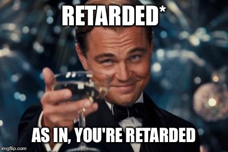 Leonardo Dicaprio Cheers Meme | RETARDED* AS IN, YOU'RE RETARDED | image tagged in memes,leonardo dicaprio cheers | made w/ Imgflip meme maker