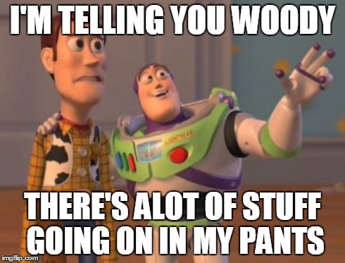 X, X Everywhere Meme | I'M TELLING YOU WOODY THERE'S ALOT OF STUFF GOING ON IN MY PANTS | image tagged in memes,x x everywhere | made w/ Imgflip meme maker